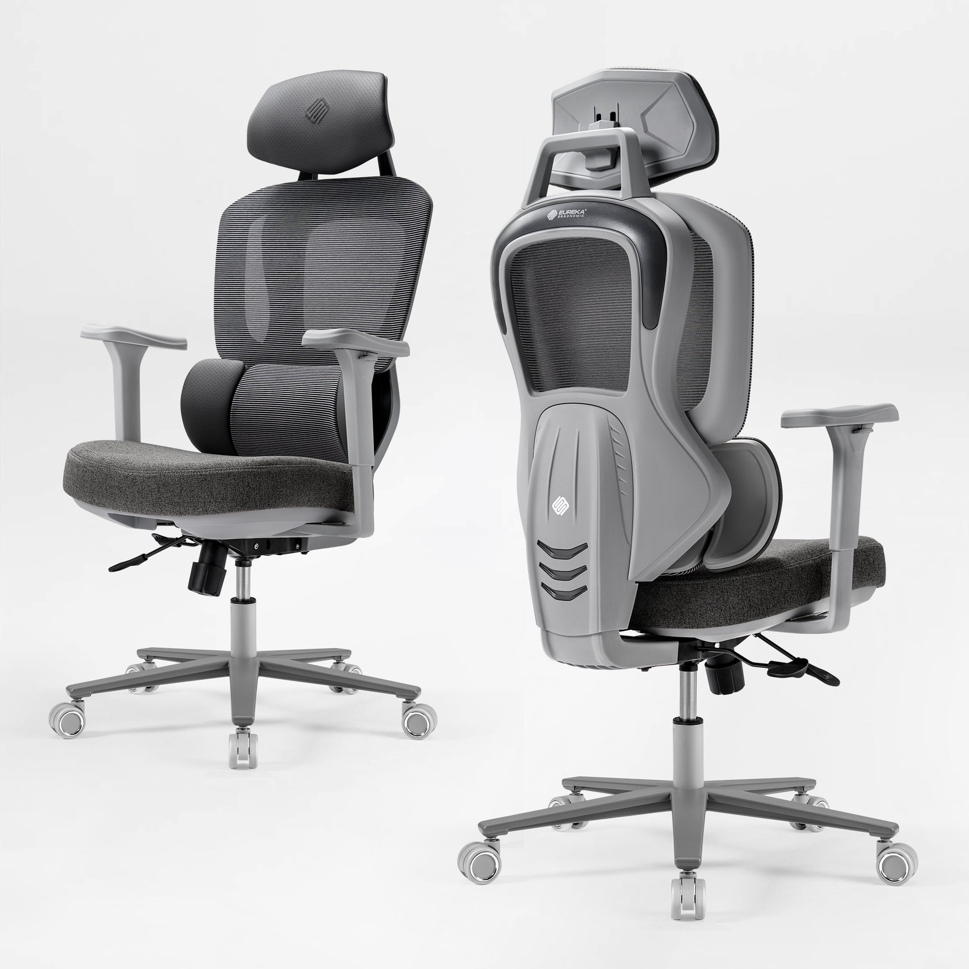 Front and back view of an ergonomic office chair, gray|eurekaergonomic