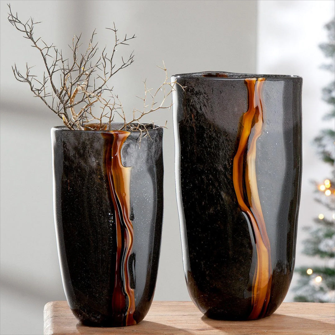 HD03 Glass Vase Decor: Black Glass Vases With Golden Streaks, Modern Home Decor.