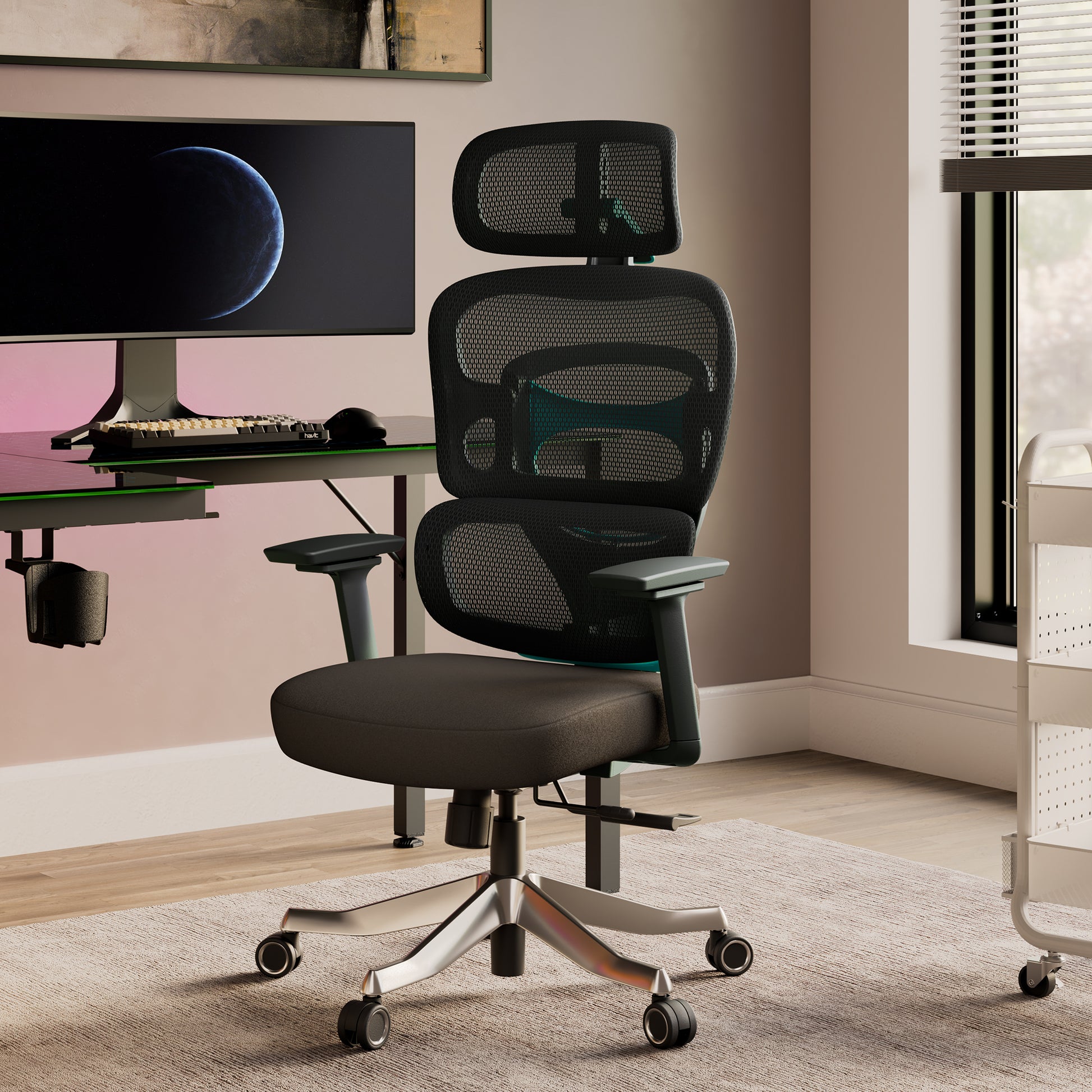 Axion Ergonomic Hybrid Chair in a Modern Home Office, Black Mesh With Teal Accents, Ergonomic Design, Gaming Setup.