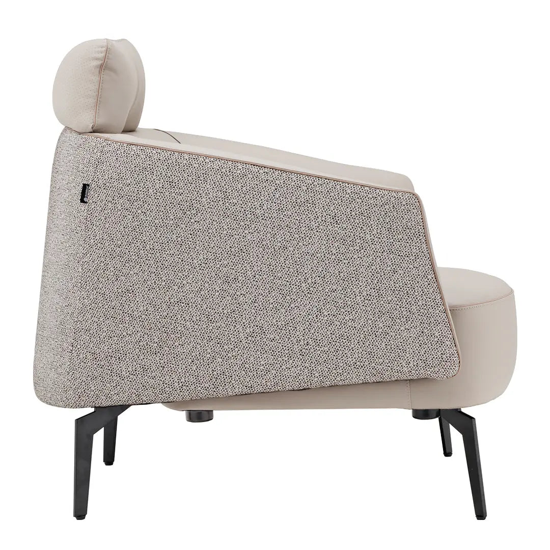 Napa Leather Ivory Lounge Chair Side View, Showcasing Textured Fabric and Leather Detail, Ergonomic Design.