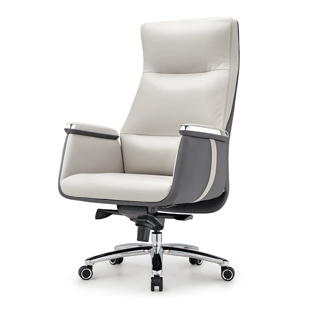 Eureka Royal II, comfy leather executive office chair with high back and lumbar support, Beige Gray, Executive Office, Leather Padded Structure with Chrome Accents