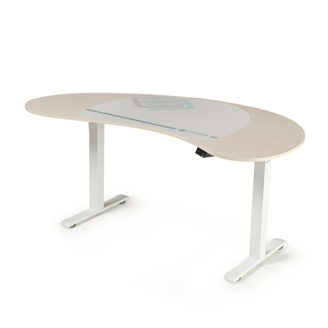 Eureka Ergonomic Cashew Shape Standing Desk, Light Woodgrain Desktop With White Frame and Adjustable Height for Home Office.