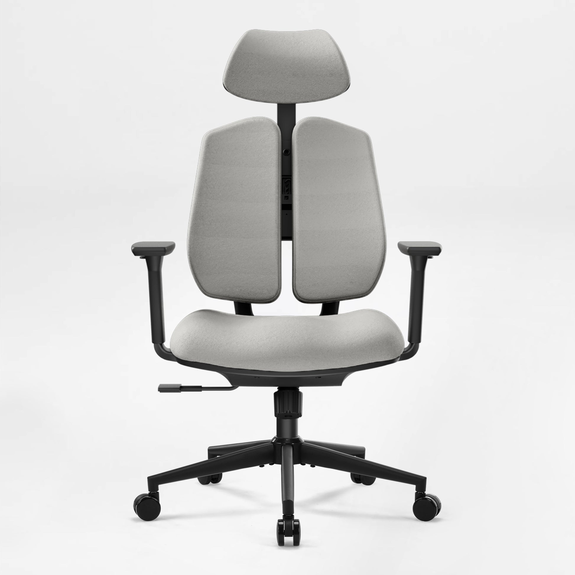 Flex Ergonomic Office Chair in Gray Fabric With Dual Backrests, for Posture Support and Comfort.