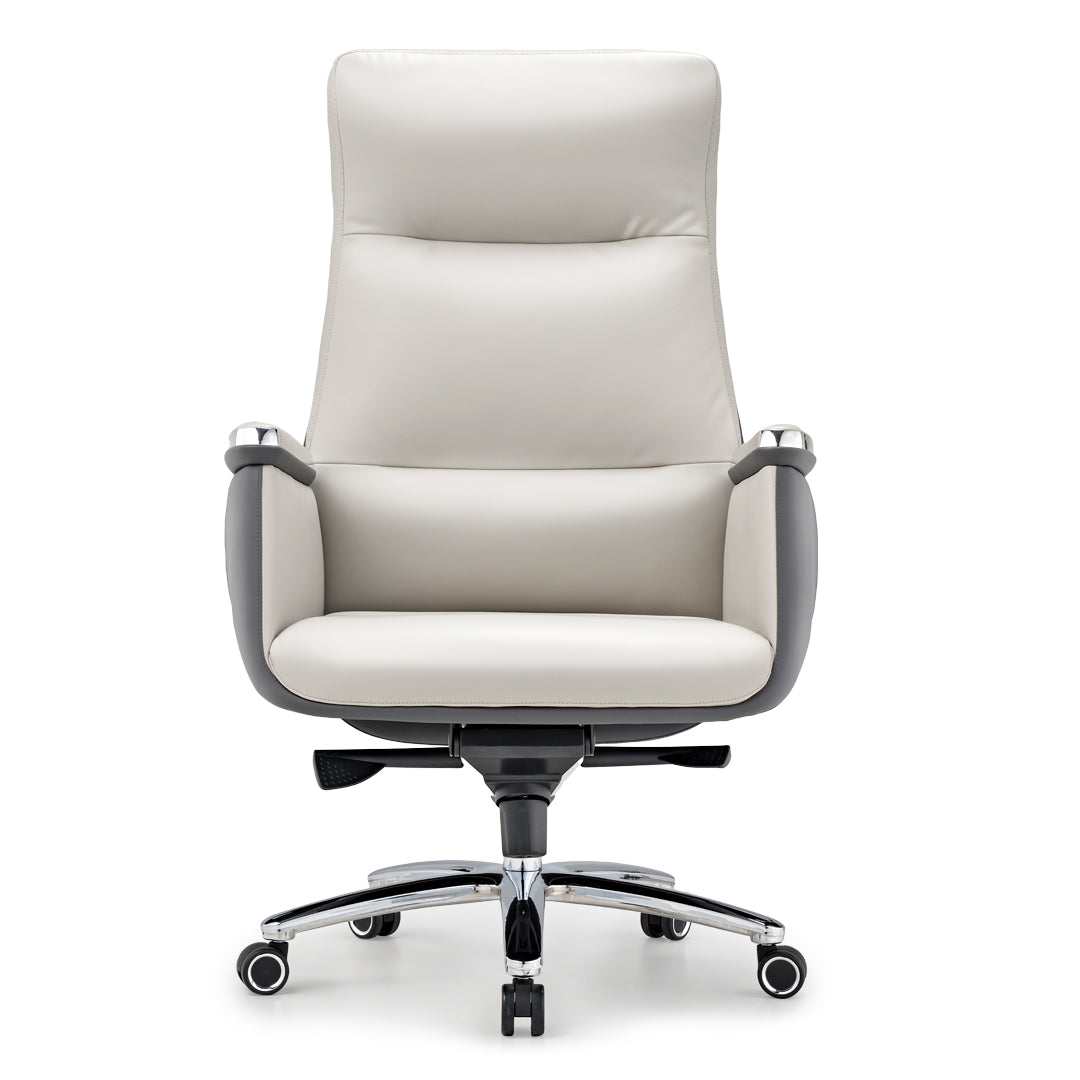 Eureka Royal II, comfy leather executive office chair with high back and lumbar support, Beige Gray, Executive Office, Leather Padded Structure with Chrome Accents, Front