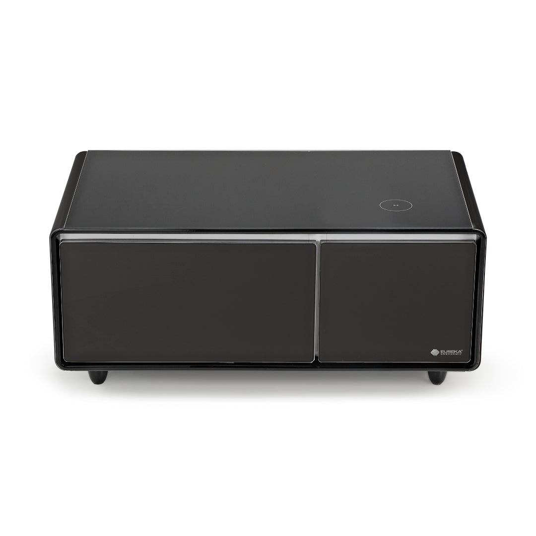 41 inch Black Smart Fridge Coffee Table with Bluetooth Speakers with Glass Top, Piano Black Sides Front Product Image