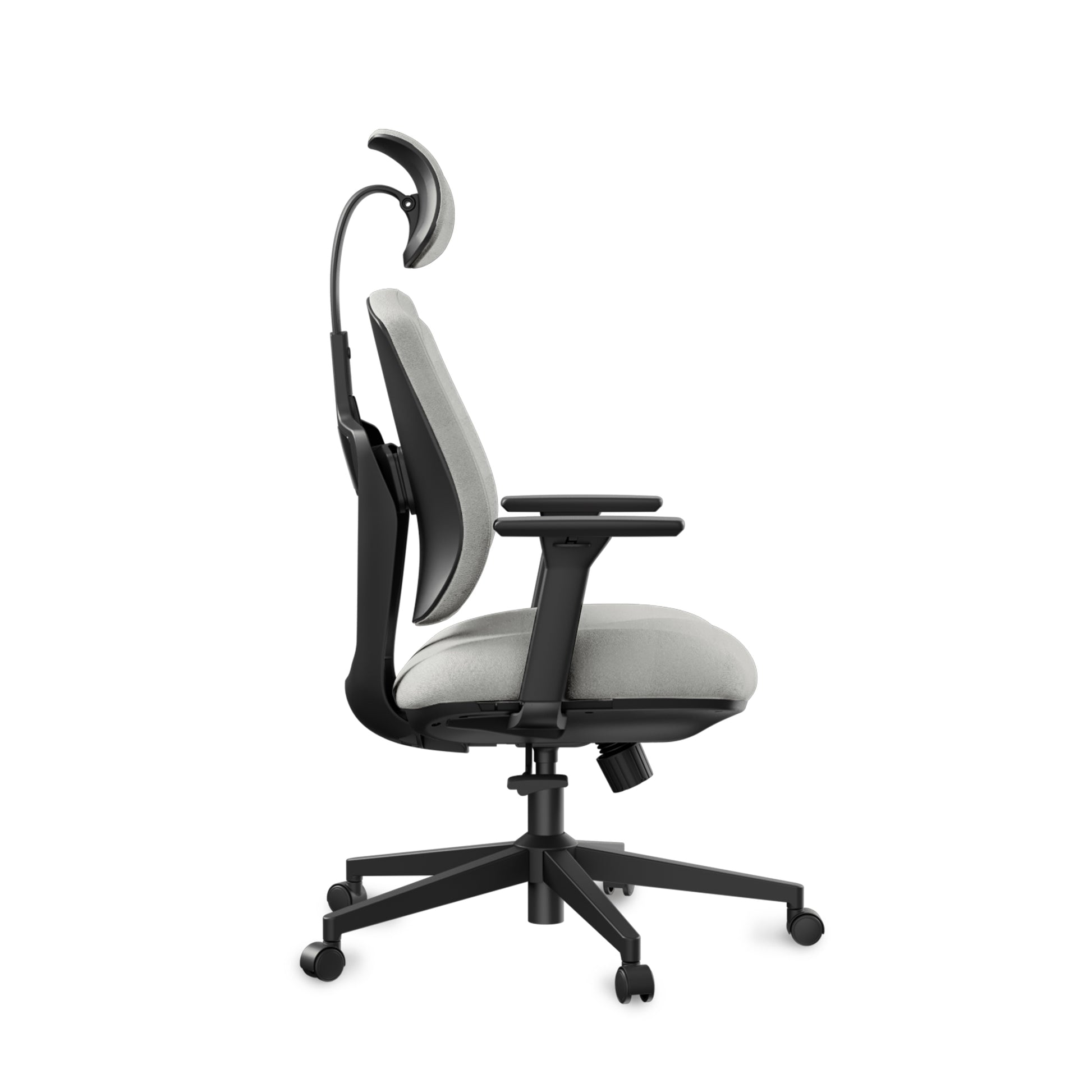 Flex Ergonomic Office Chair in Gray Fabric With Adjustable Headrest and Black Frame, Supporting Ergonomic Posture.