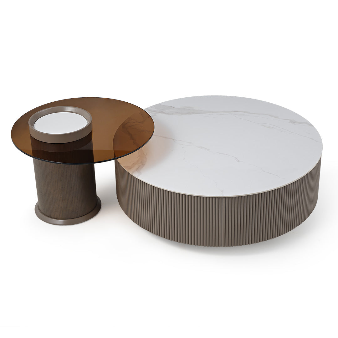 Modern Round Sintered Stone Coffee Table Set With Side Table. White Tabletop, Gray Base, and a Brown Side Table.