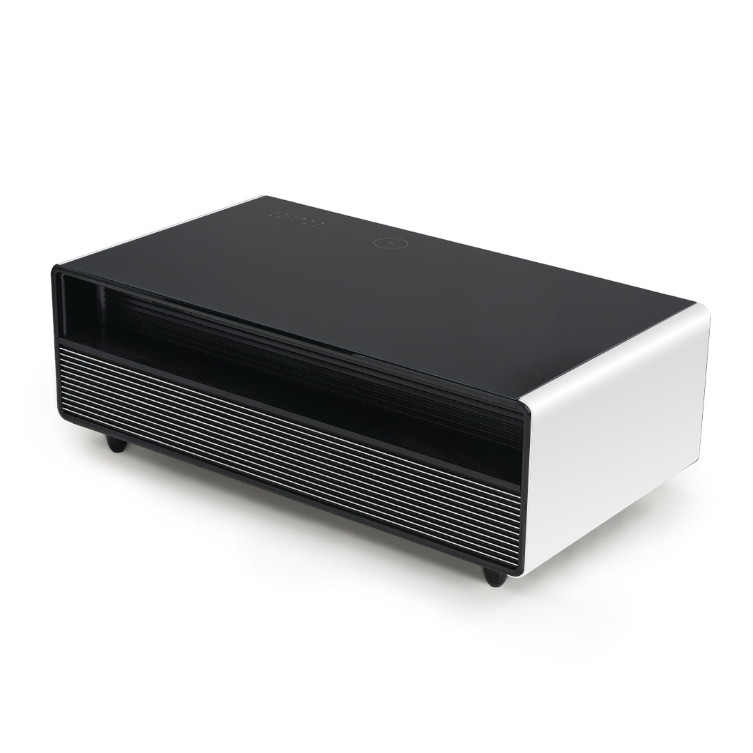 50 inch White Smart Fridge Coffee Table with Bluetooth Speakers, Rear Product Image Drawers Closed