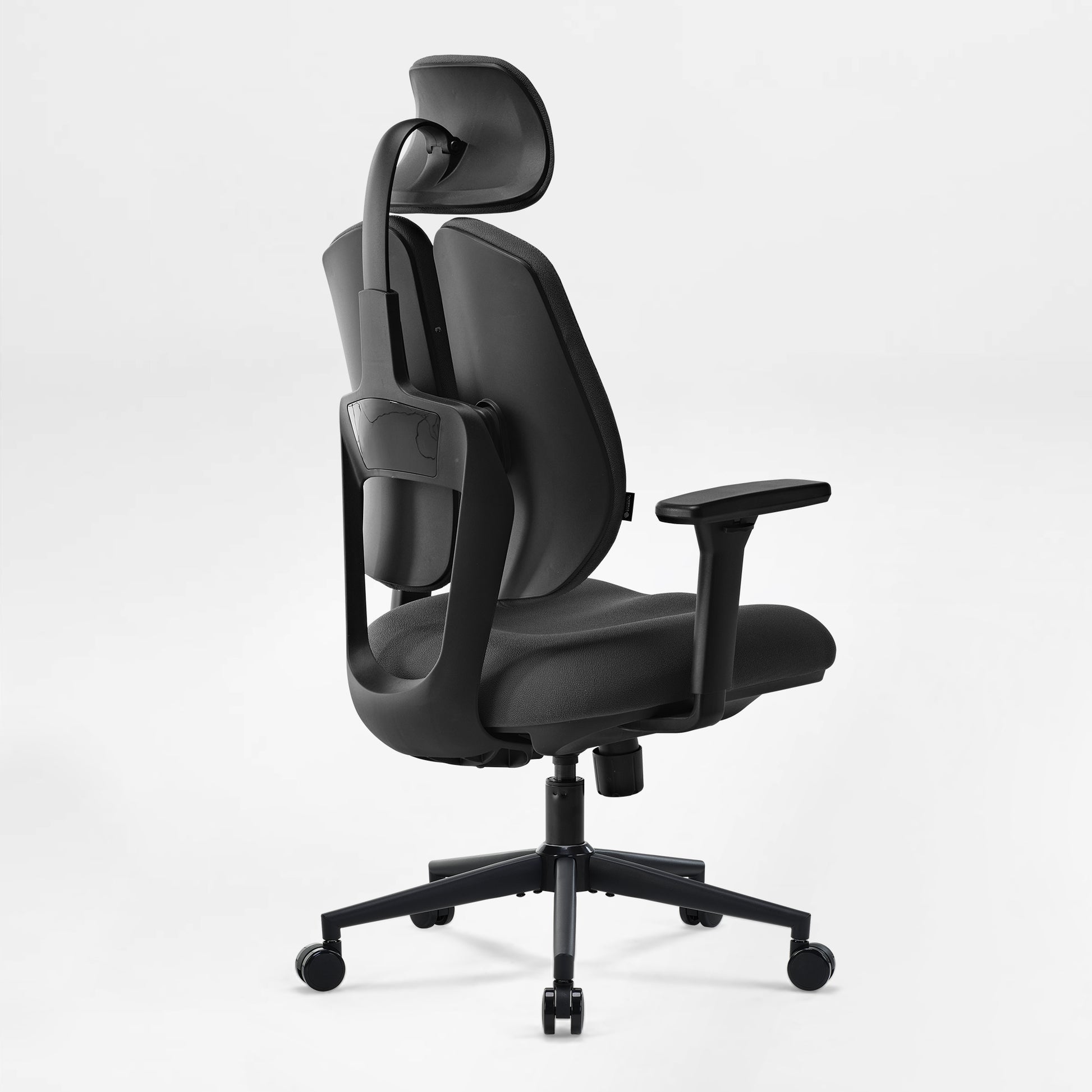 Flex Ergonomic Office Chair, Rear View, Dual Backrests, Gray Fabric, Black Frame, Adjustable Headrest and Armrests.