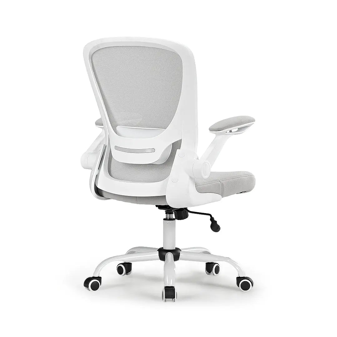 Onyx Ergonomic Office Chair With White Frame, Gray Mesh Back, and Adjustable Armrests,Back View.
