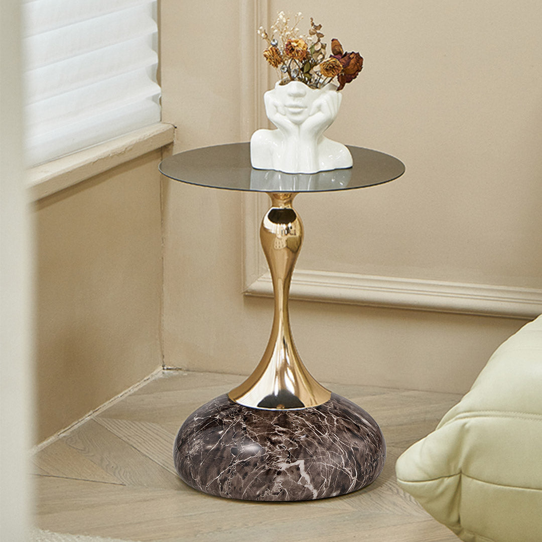 15 Round Metal Top Side Table With Marble Base and Gold Stem. Modern Design.