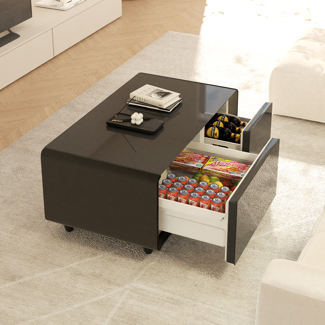 41 inch Black Smart Fridge Coffee Table with Bluetooth Speakers with Glass Top, Piano Black Sides Minimalistic Lifestyle