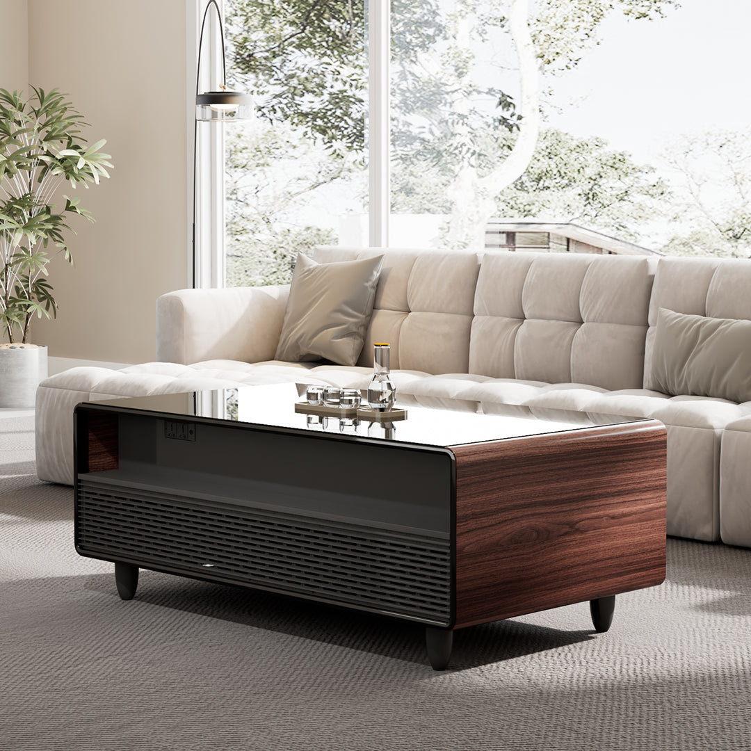 50 inch Walnut Woodgrain Style Smart Fridge Coffee Table with Bluetooth Speakers, Product Image, Rear Lifestyle