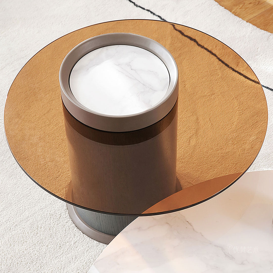 Modern Sintered Stone Coffee Table Set With Side Table, Featuring a Round Design and Glass Top.