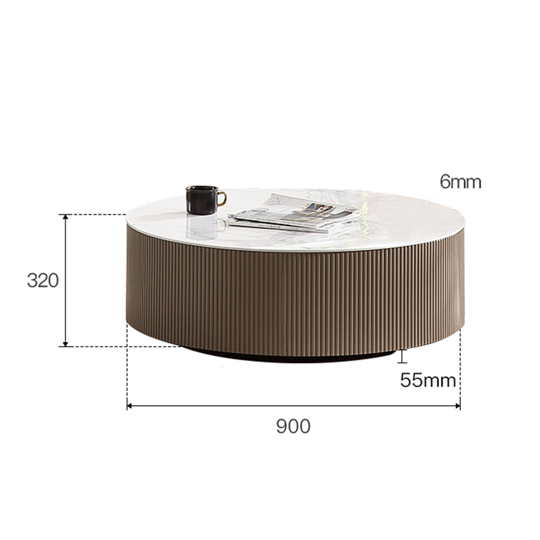 35 Round Sintered Stone Coffee Table With Dimension Details: White Tabletop, Brown Fluted Base, and Dimension Measurements.