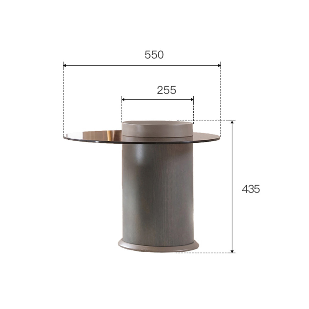 Modern Round Coffee Table With Dimension Details: Grey Base, Glass Top, and Size Measurements.