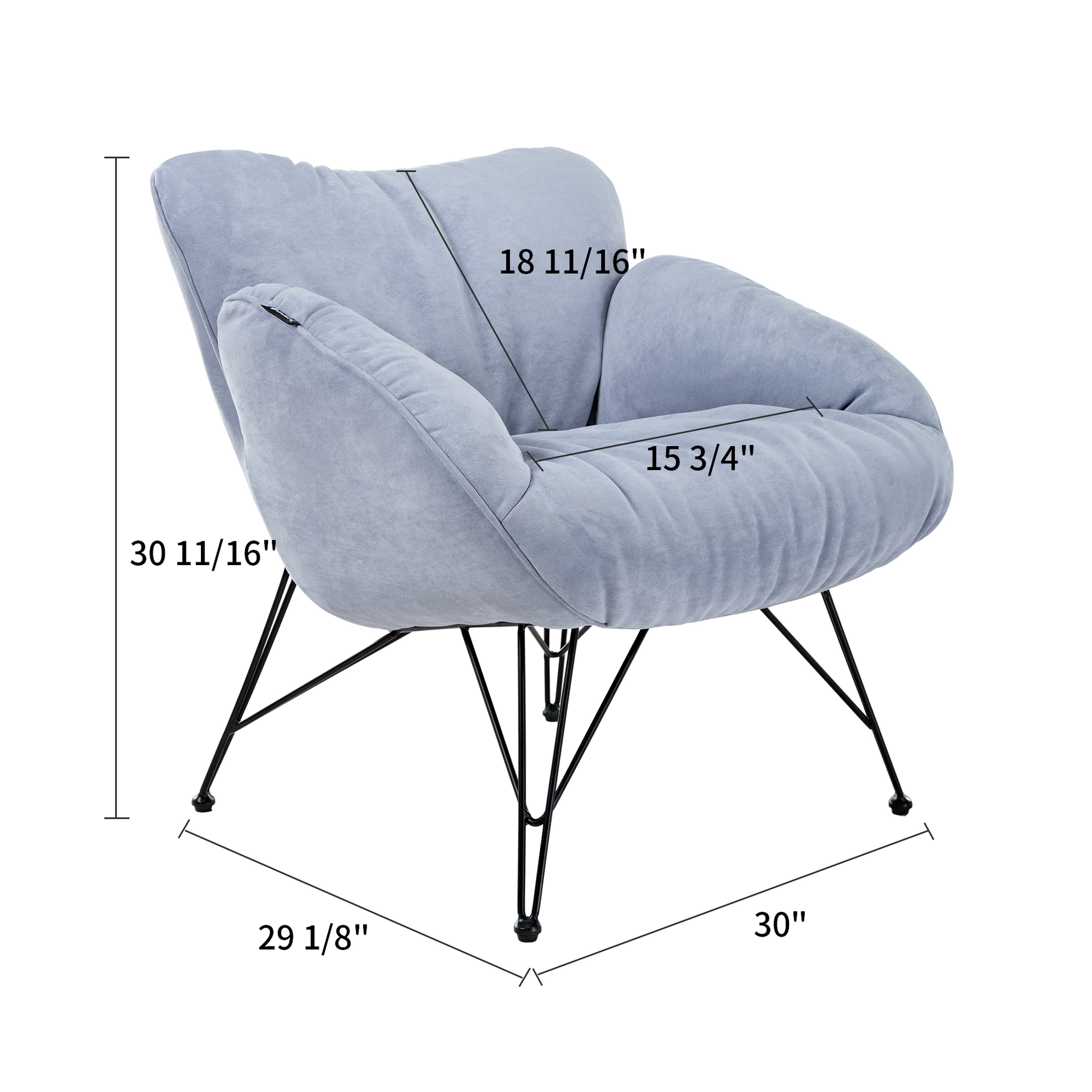Marco Cozy Lounge Chair in Light Blue Terry Cloth With Dimensions for Detailed View.
