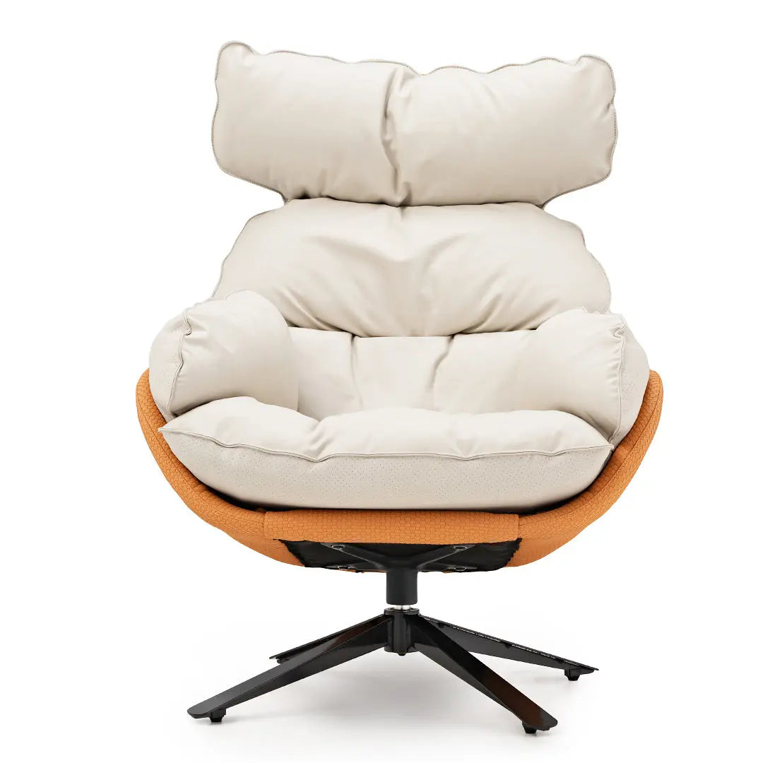 Todd Swivel Armchair With High Back, Cream Upholstery, Orange Woven Sides, and Ergonomic Design.