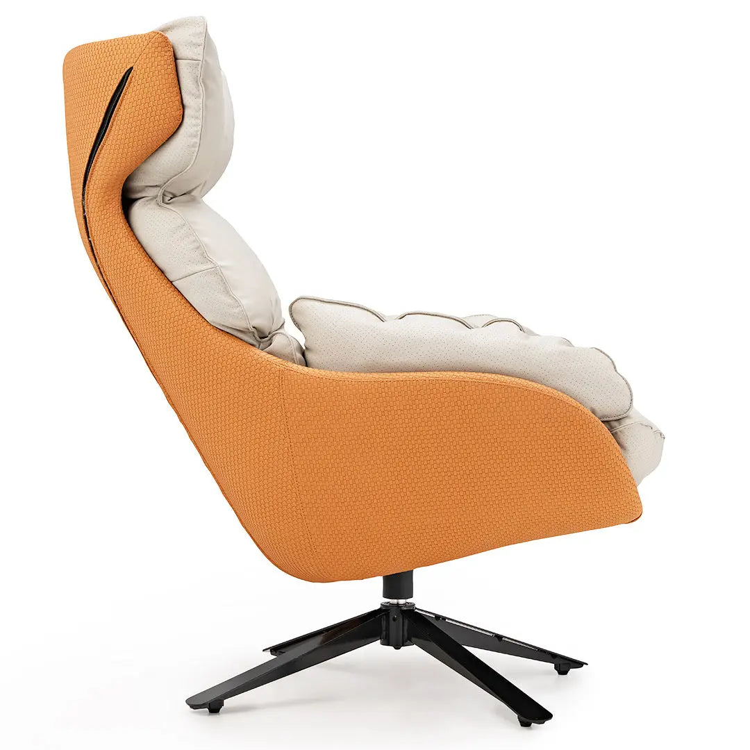 Todd Swivel Armchair With High Back, Orange Fabric and Cream Pillows, Ergonomic Design, Swivel Base.