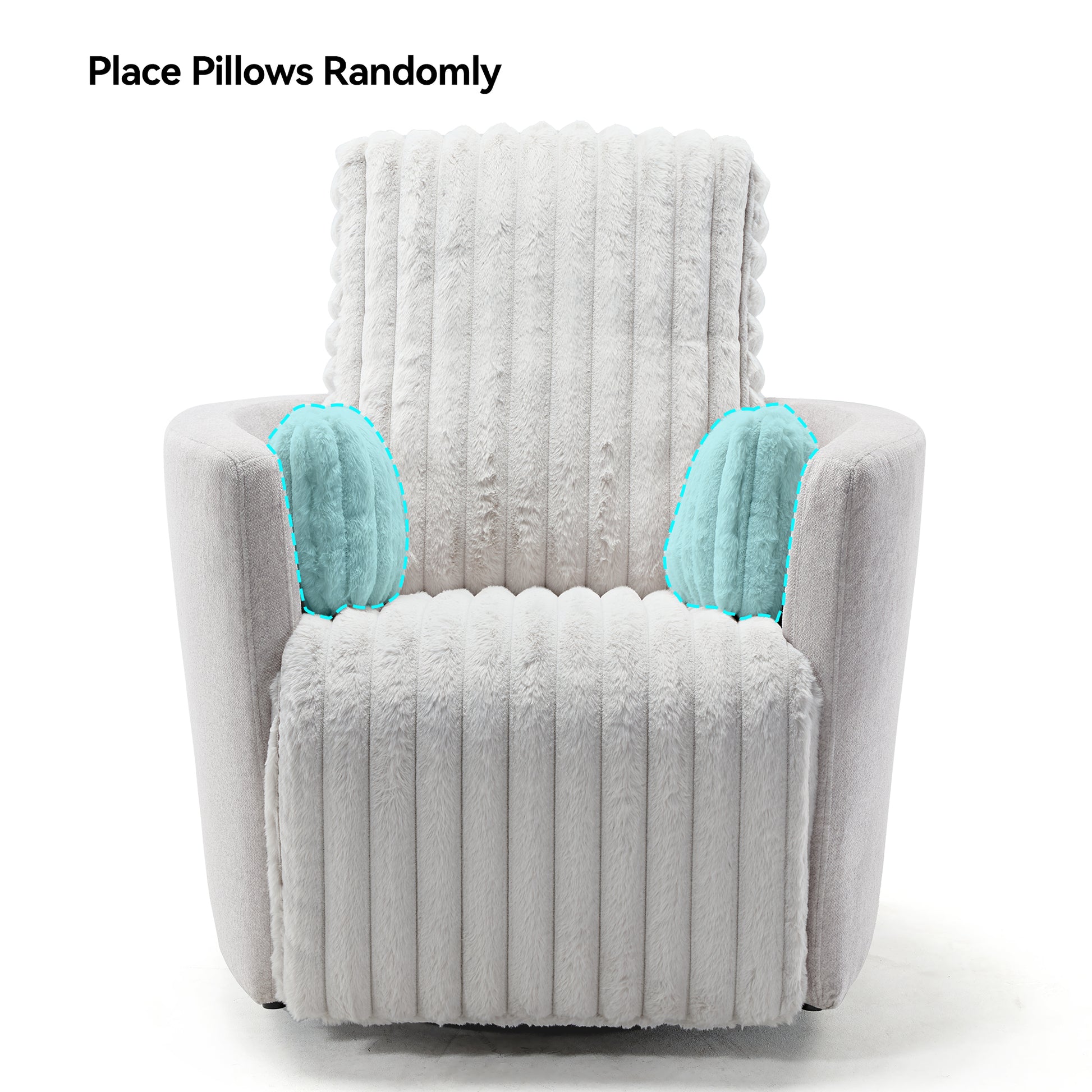 Lucia Swivel Rocking Recliner With White Textured Upholstery, Place Pillows Randomly for Comfort.