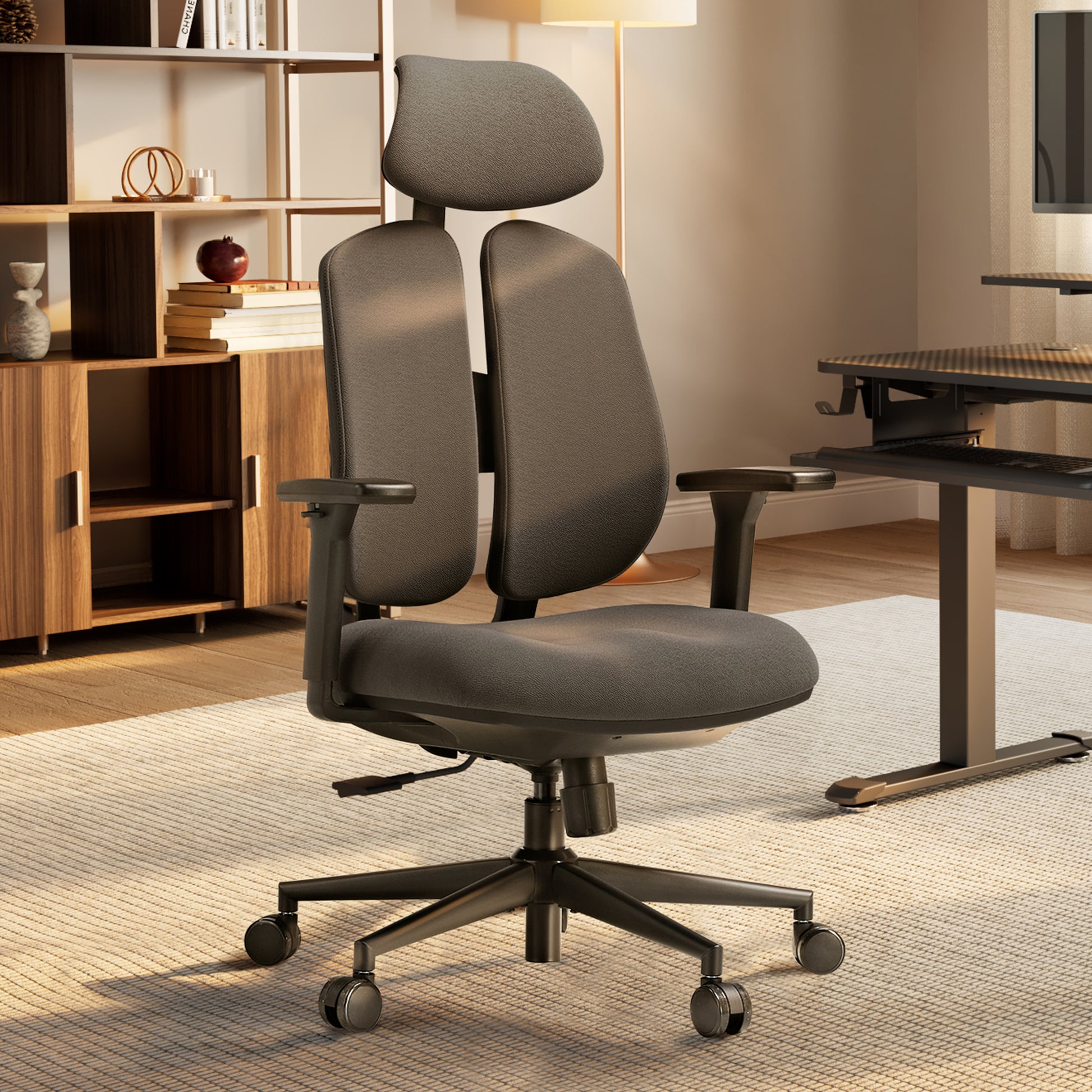 Flex Ergonomic Office Chair With Dual Backrests, Gray Fabric, and Black Base, Supporting Ergonomic Posture.