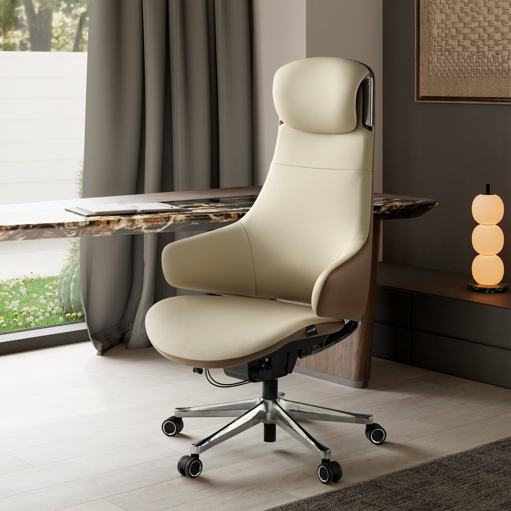 Serene Ella Executive Chair in Cream Napa Leather With Ergonomic Design, and Chrome Base.