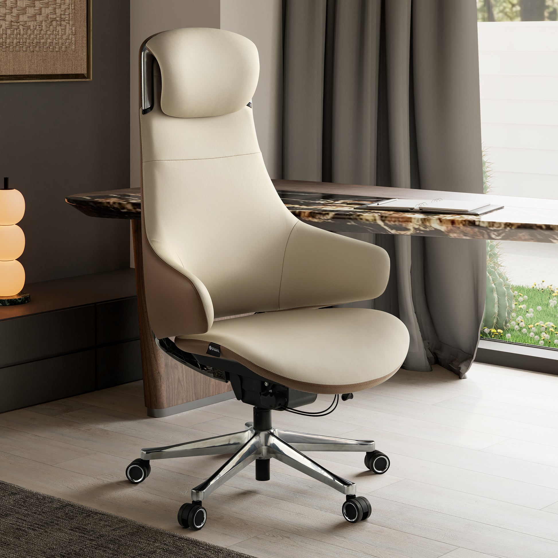 Serene Ella Executive Chair in Cream Napa Leather With Ergonomic Design, and Chrome Base.