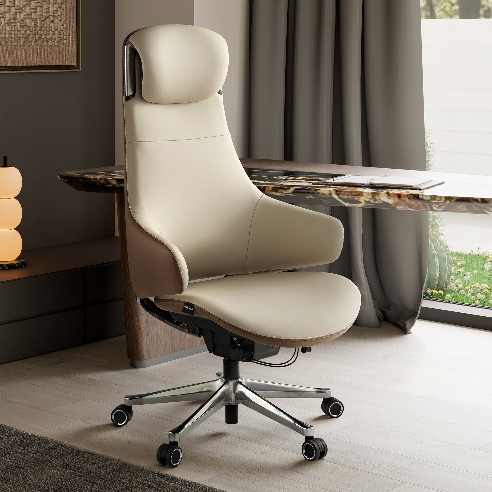 Serene Ella Executive Chair in Cream Napa Leather With Ergonomic Design, and Chrome Base.