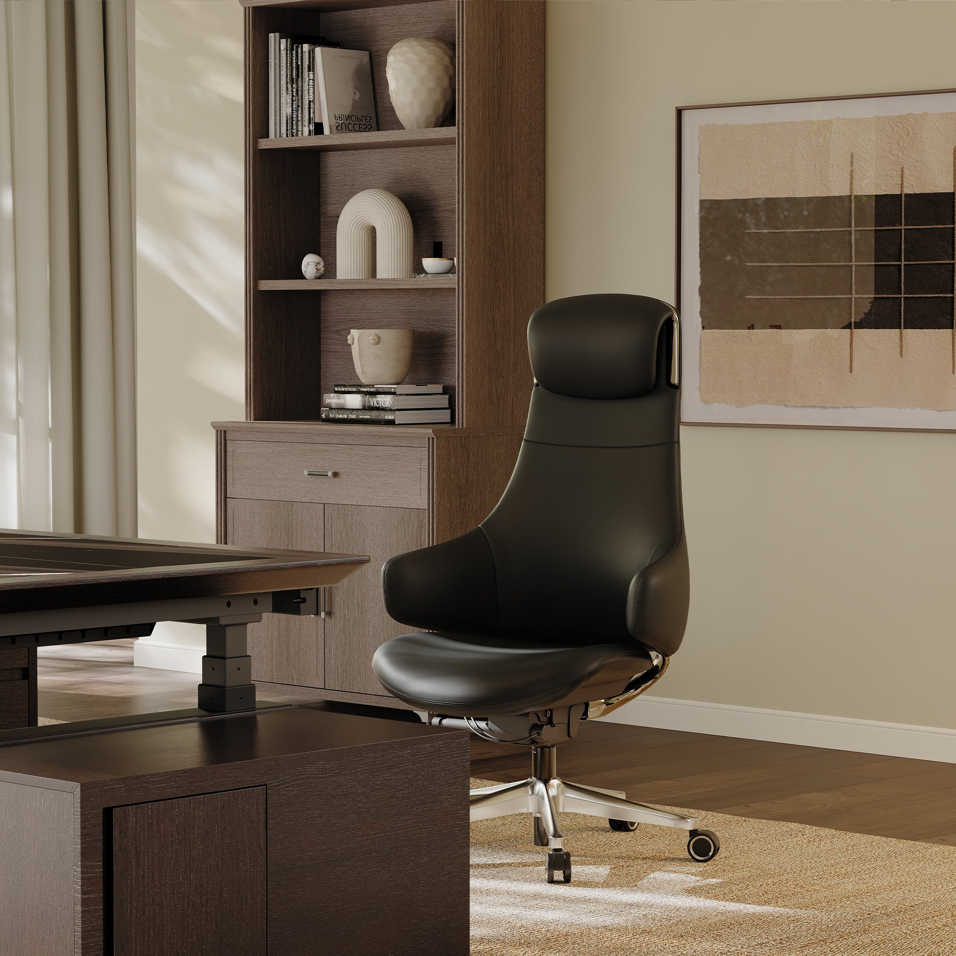 Eureka Ergonomic Serene Ella black Napa leather executive chair with headrest and chrome base in a modern office setting.