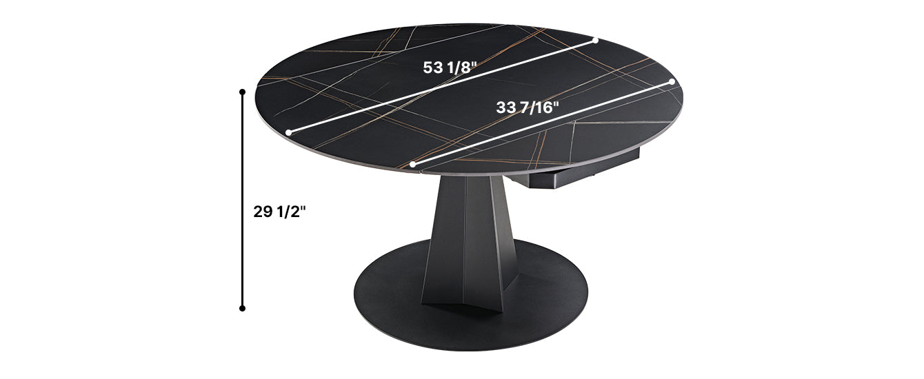 53 inch Black Round Extending Dining Table with Black Base, Product Dimensions