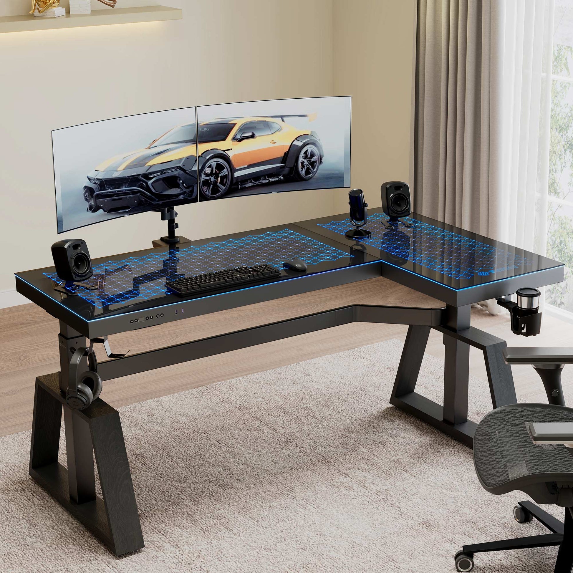 Eureka Ergonomic GTG-L60 Pro Black Glass L-Shaped Gaming Desk With Rgb Lighting, Dual Curved Monitor Setup.