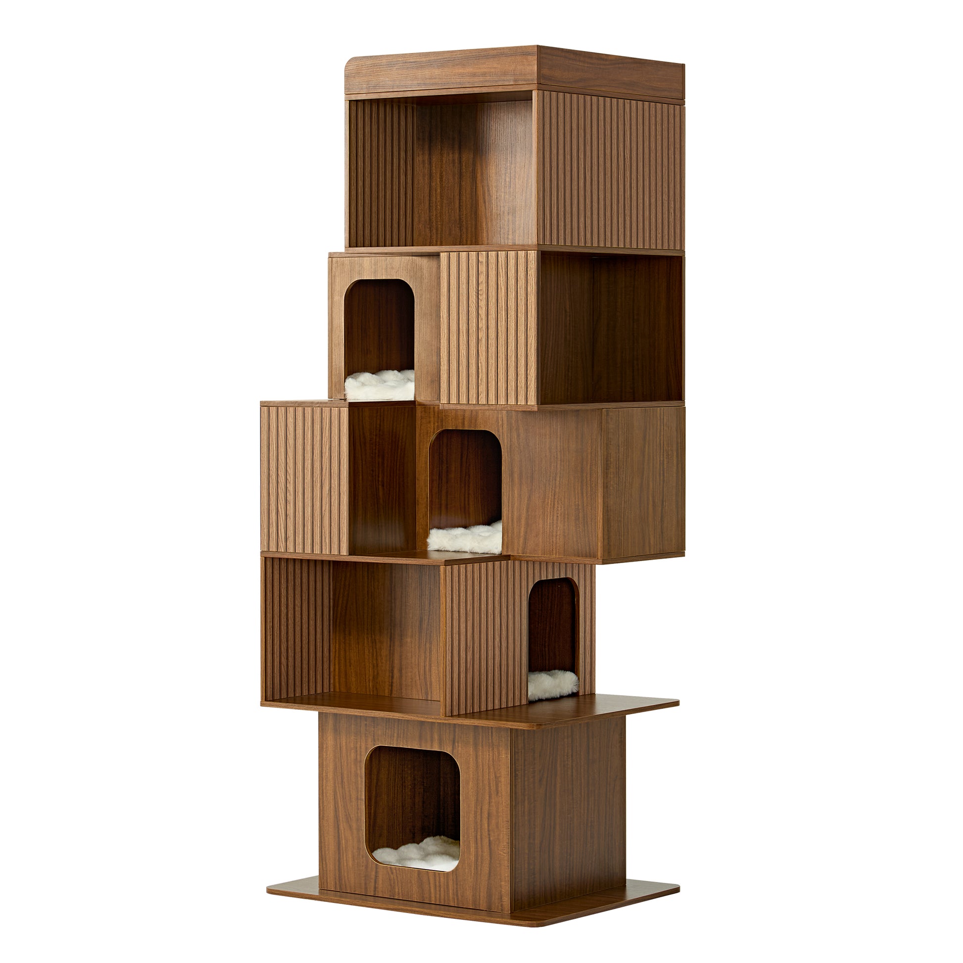 Eureka Ergonomic Pawlio 72" bookshelf cat tree with wood slat design and white plush bedding in cube perches.
