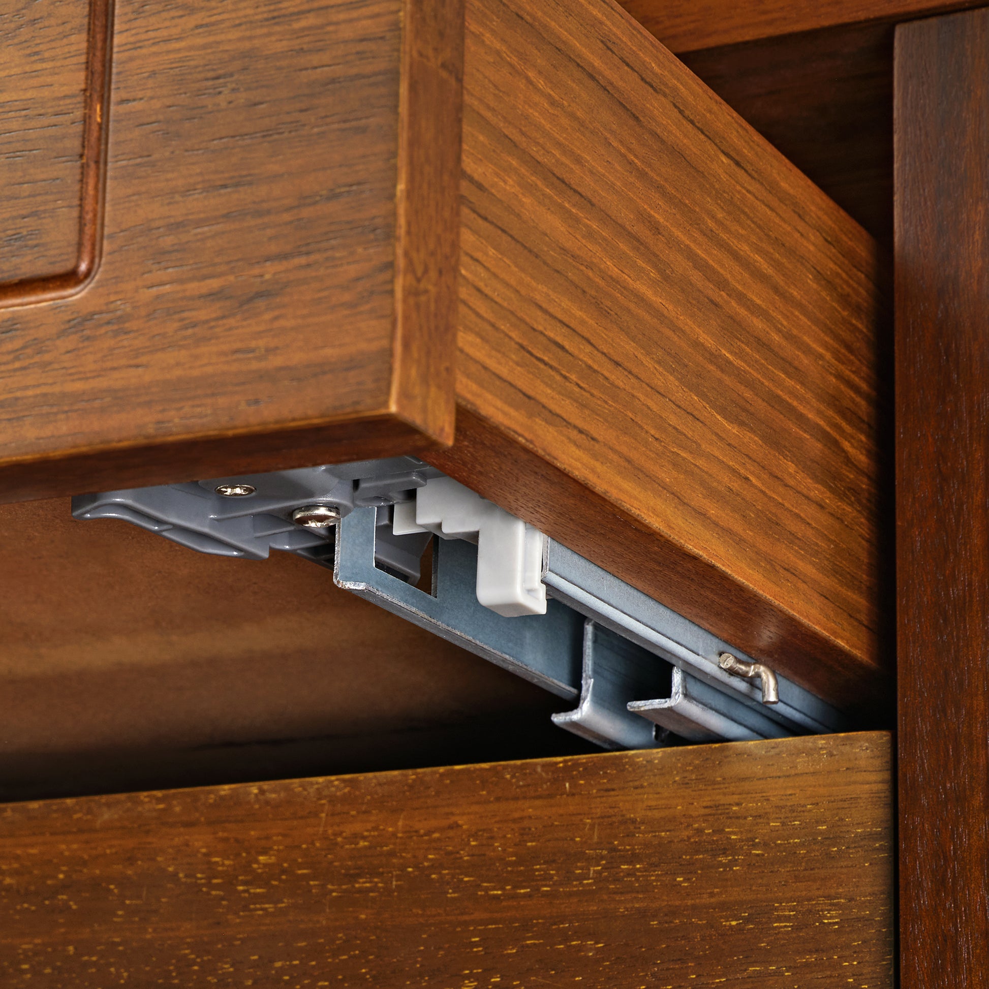 Dark Walnut File Cabinet Drawer Detail With Metal Slide - Home Office Storage.