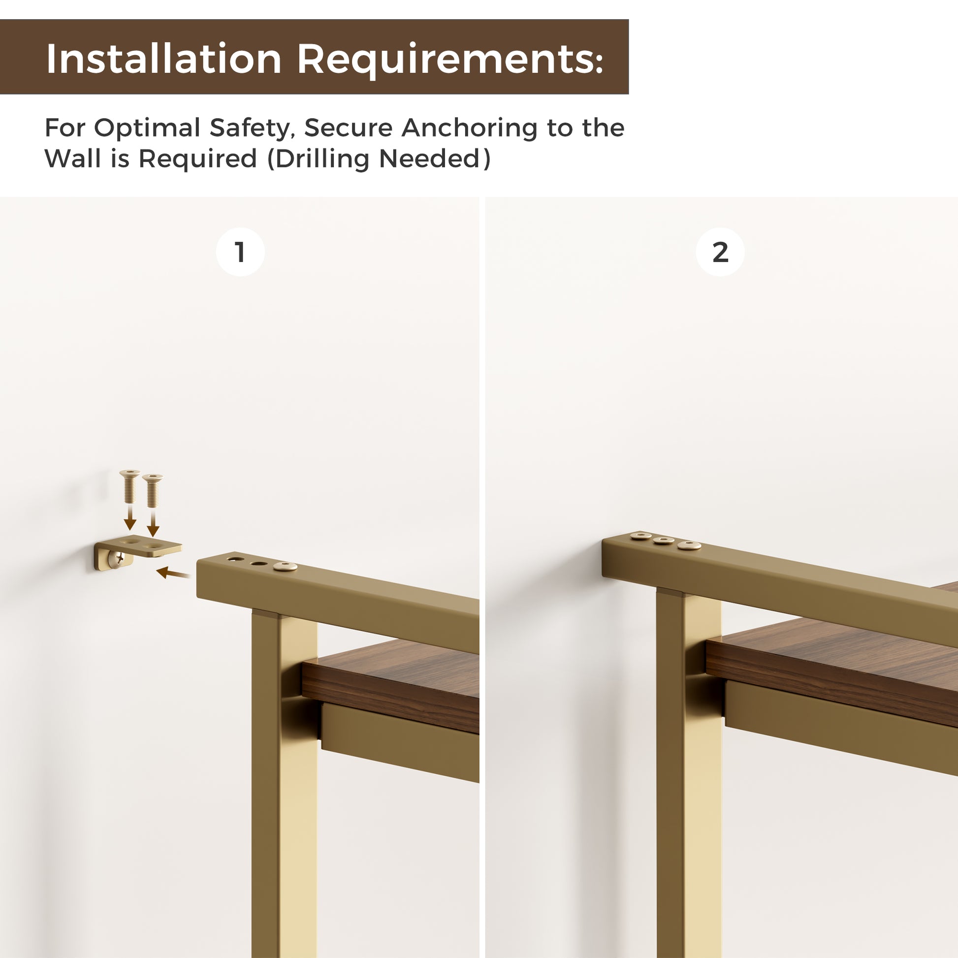 Napa Wood Bookcase Cabinet Wall Anchoring Installation. Brass Finish, Wood Grain Detail, Drilling Required.
