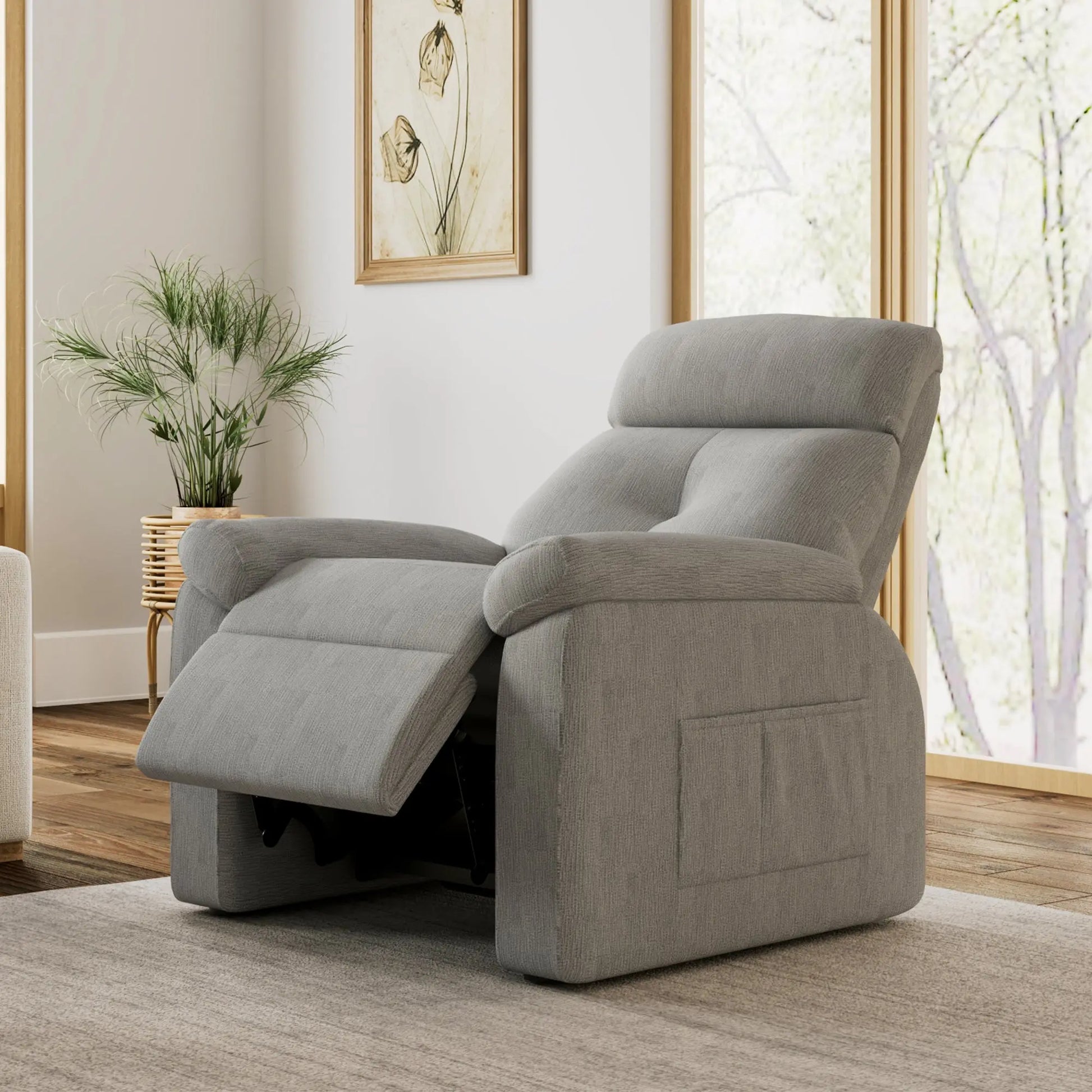 Grey Henry-Armrest Zero Gravity Recliner Chair, Cotton-Linen Fabric, Extended Footrest, Living Room.