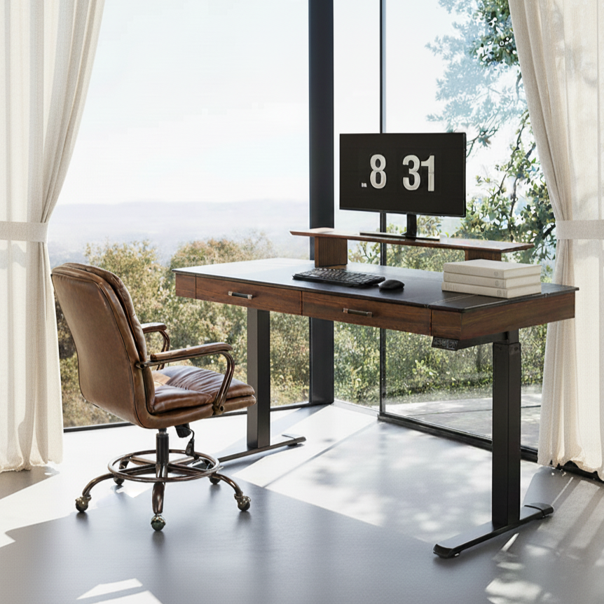 Eureka Ergonomic Faux saddle leather adjustable standing desk with monitor and keyboard in a modern home office.