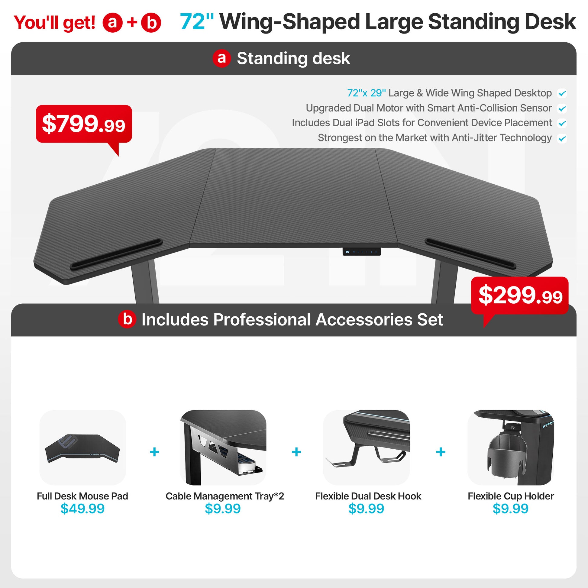 Eureka Ergonomic 72" wing-shaped standing desk: carbon fiber, dual motor, iPad slots, mouse pad, cable management, hook, cup holder.