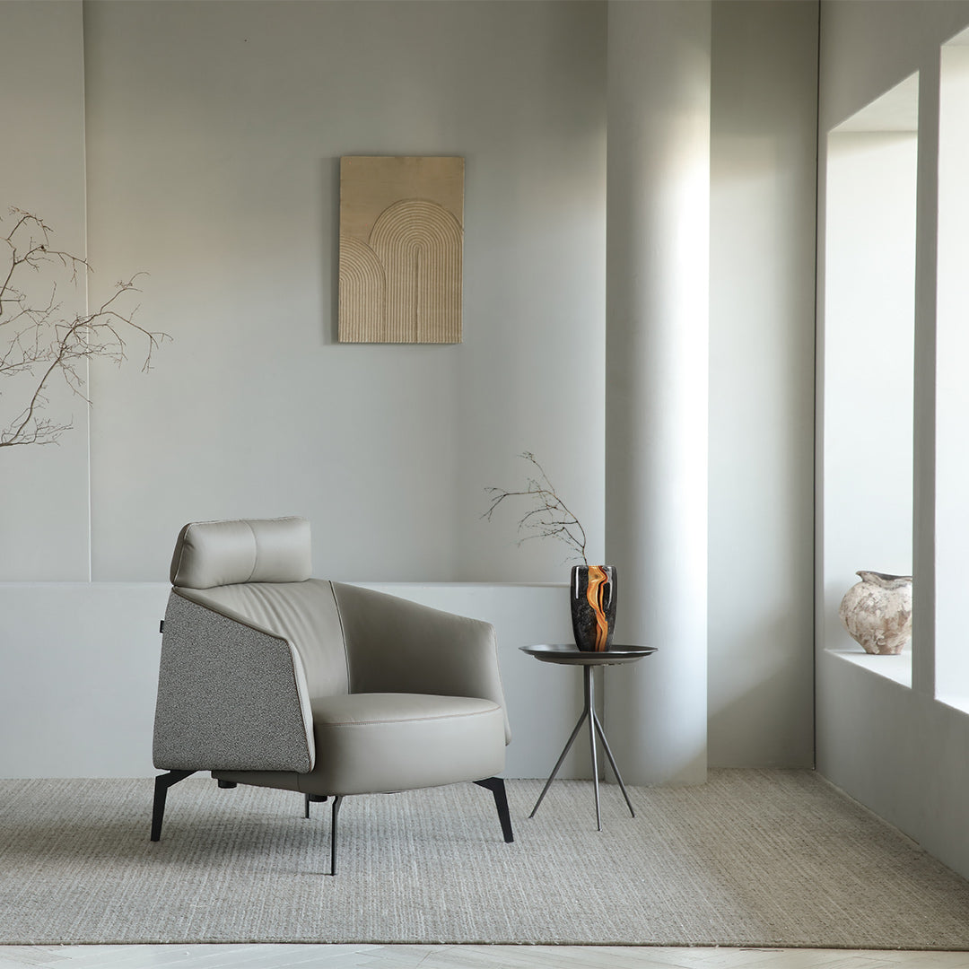 Modern Interior With Gray Leather Armchair and HD03 Glass Vase, Home Decor Accessory.
