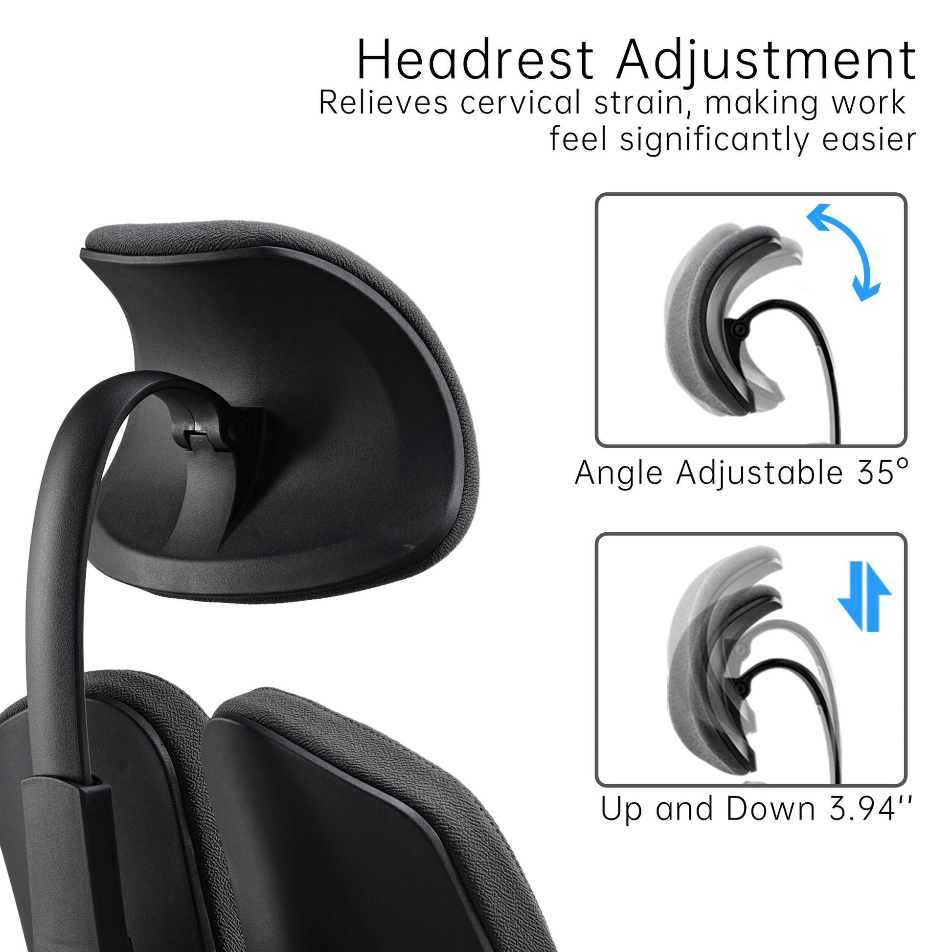 Flex Ergonomic Office Chair Headrest, Adjustable for Angle and Height, for Neck Support.