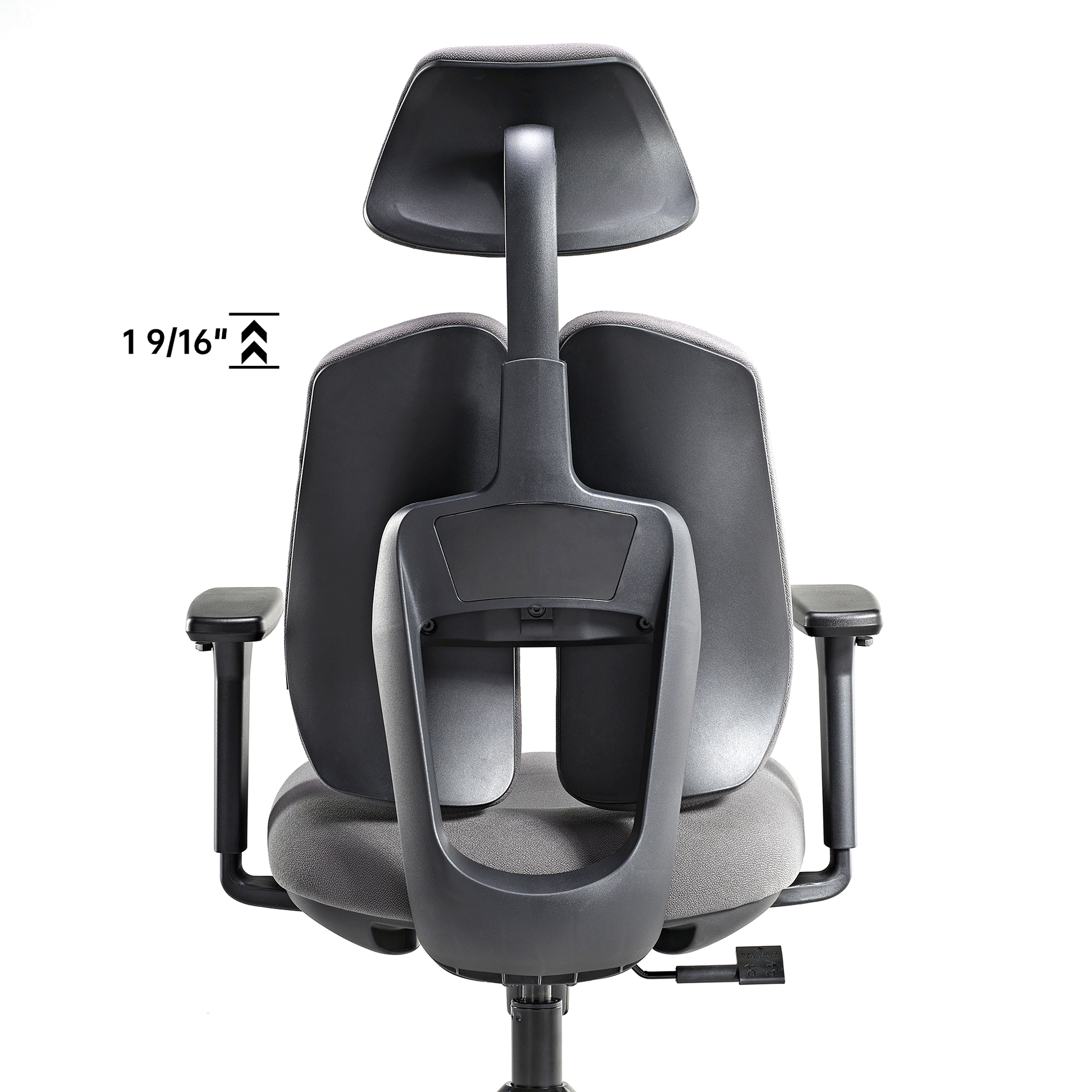 Flex Ergonomic Office Chair Back View. Gray Fabric, Black Frame, and Adjustable Headrest for Posture Support.