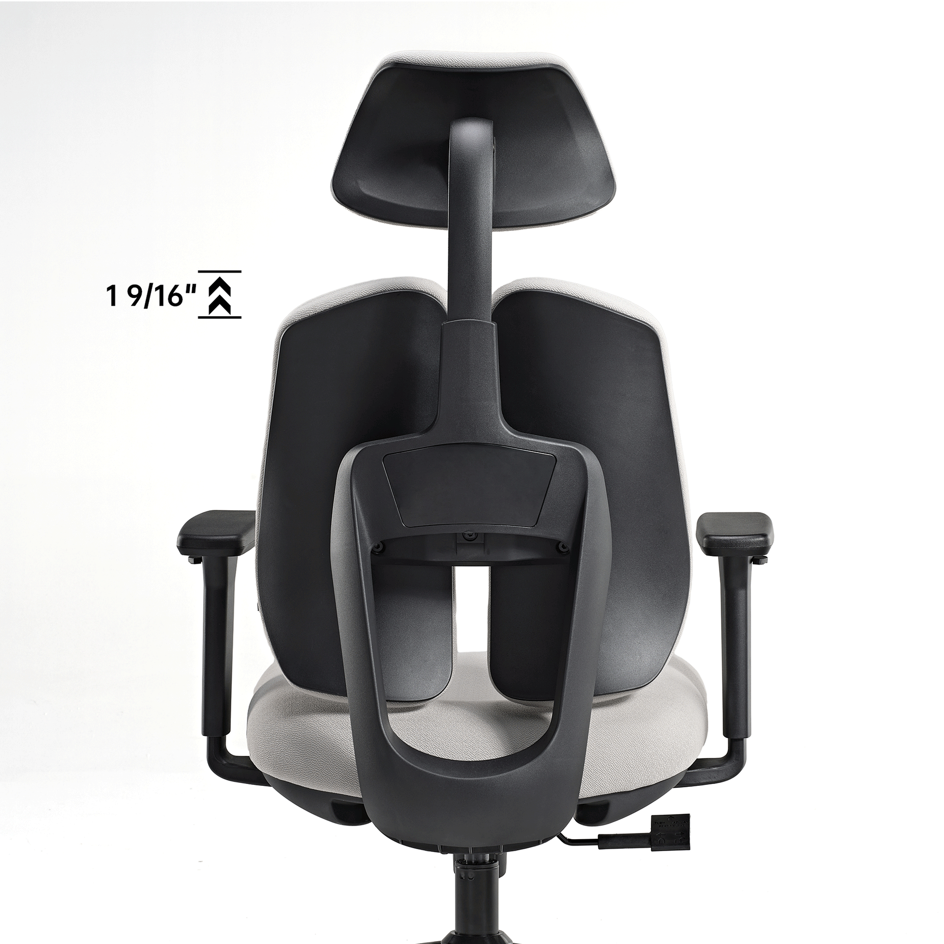 Flex Ergonomic Office Chair Back View, Dual Backrest in Gray, Promoting Ergonomic Posture, With Headrest and Armrests.