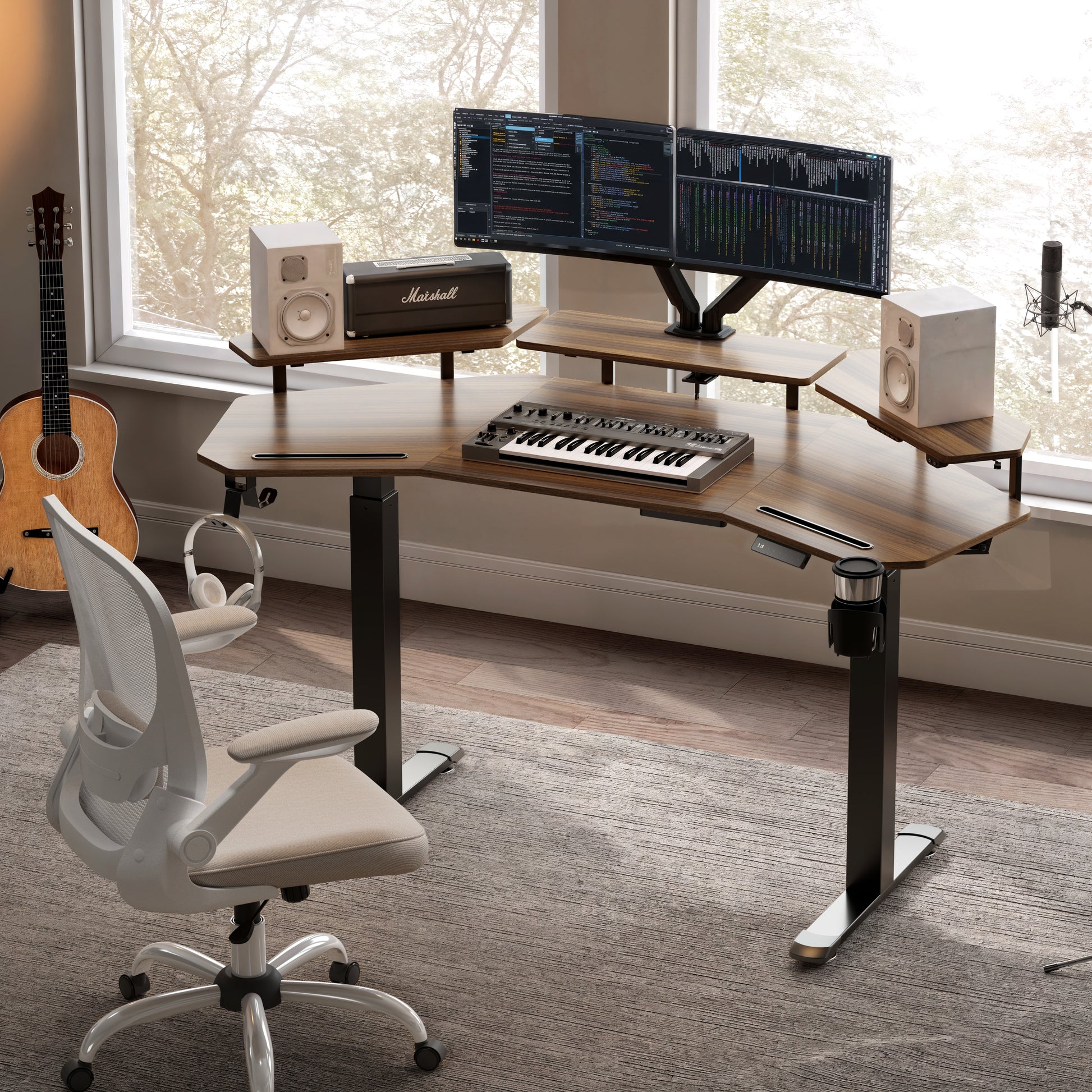 Aero Pro Standing Desk With Monitors, Accessories, and Ergonomic Chair, a Modern Home Office Setup.