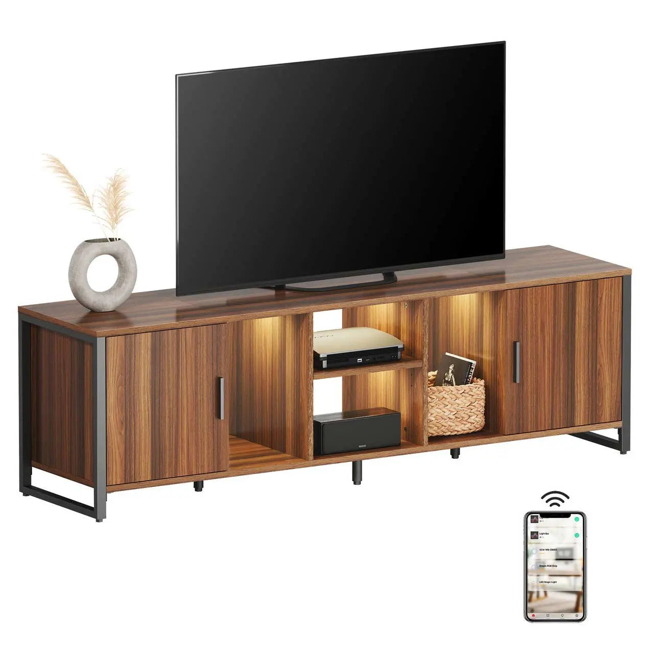 Sonoma 70 Tv Stand Media Console With Led Lights, Wood Grain Finish, and App Control.