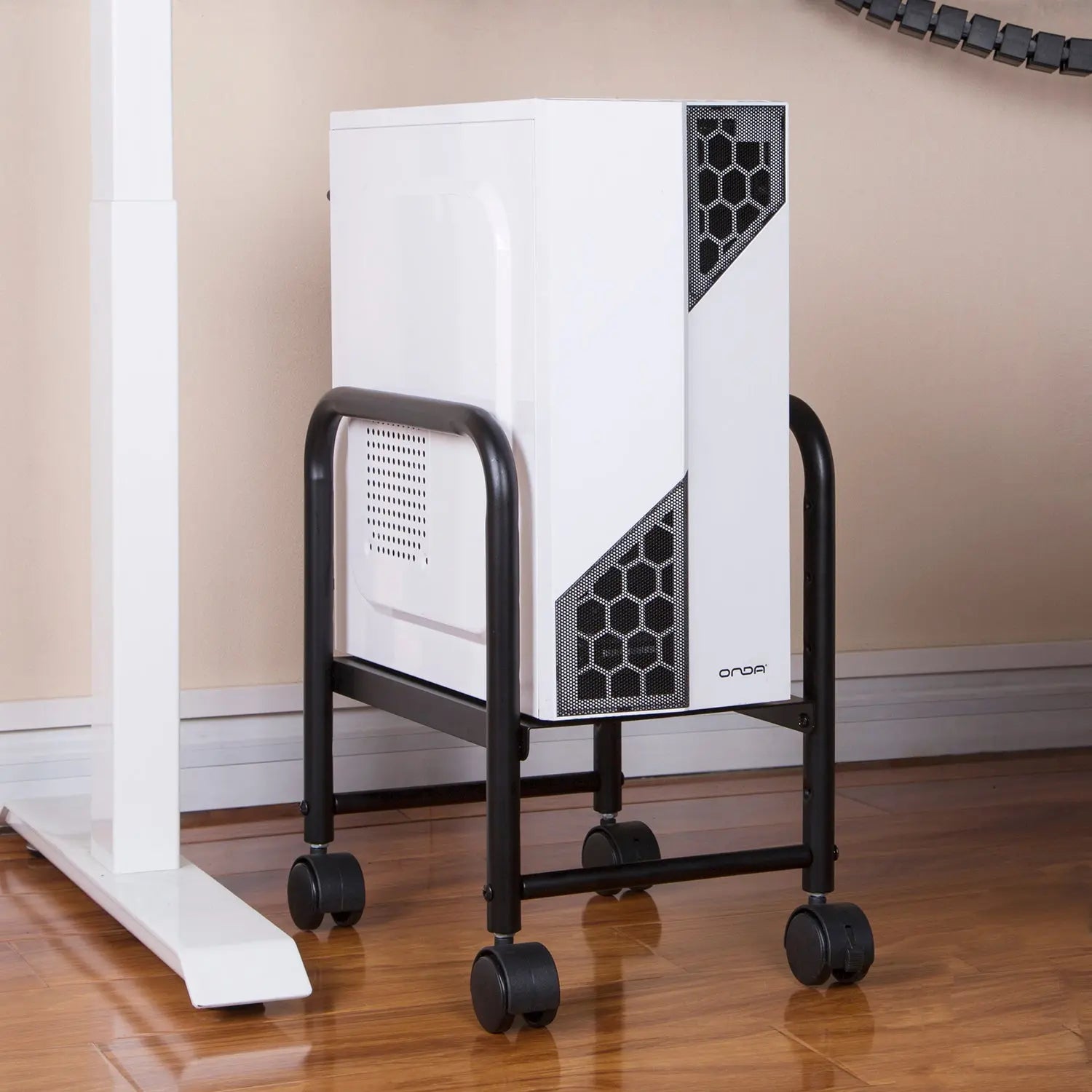 Mobile Cpu Stand With Computer Tower - Black Frame and White Tower - Onda.