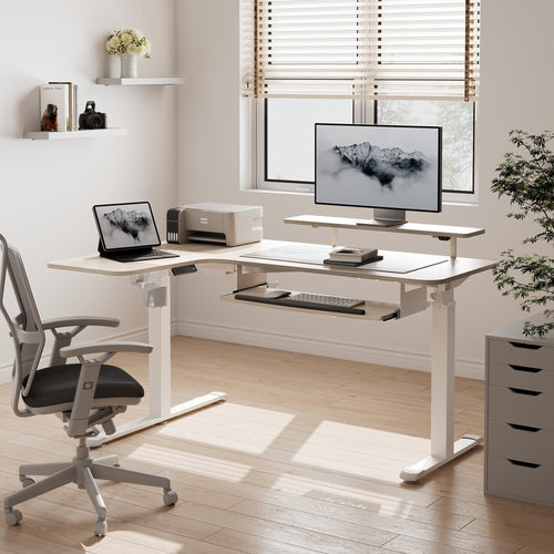 Home-office desk setup illustrating how desk height and chair position work together.