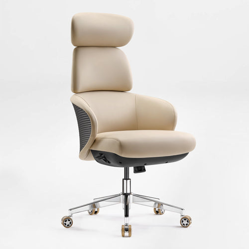 Royal Rowan,Microfiber Leather Executive Office Chair - Eureka Ergonomic Royal Rowan beige microfiber leather executive office chair with adjustable headrest and chrome base on a white background.