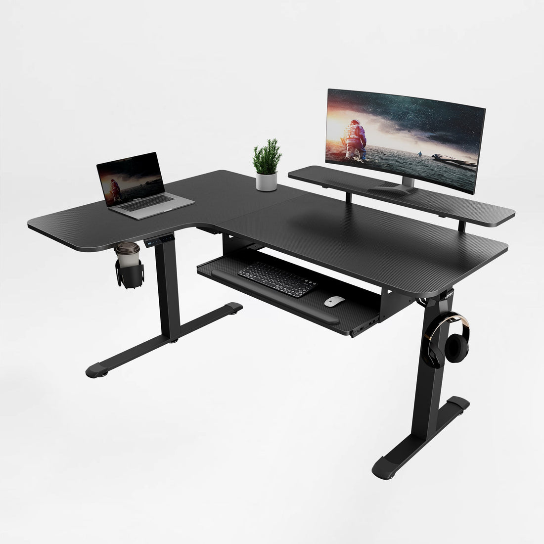 L-Shaped Standing Desk with Accessories Set (60"x23") - Eureka Ergonomic Black L-shaped standing desk with keyboard tray, monitor riser, laptop, monitor, cup holder, headphone hook.