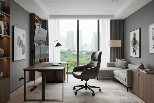 A professional and luxurious modern executive home office featuring a minimalist standing desk, premium ergonomic chair, and sophisticated neutral tones.