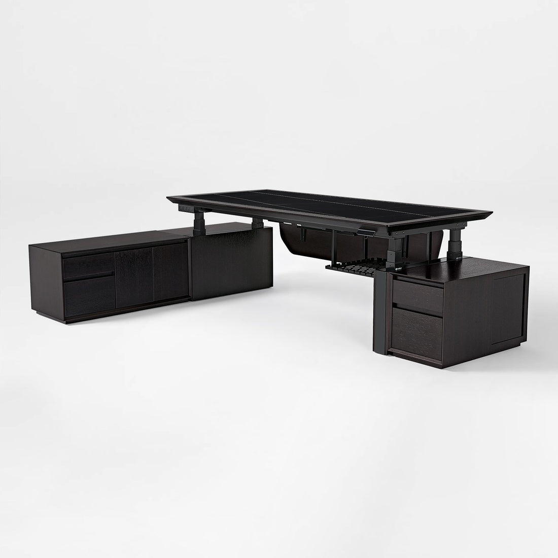 Zen Classic Executive Standing Desk (86"x39") - Zen Classic Executive Standing Desk in Dark Wood, Featuring Integrated Cabinets and Height-Adjustable Design.