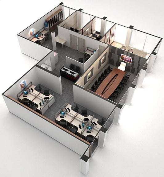 3D office floor plan with workstations and meeting room